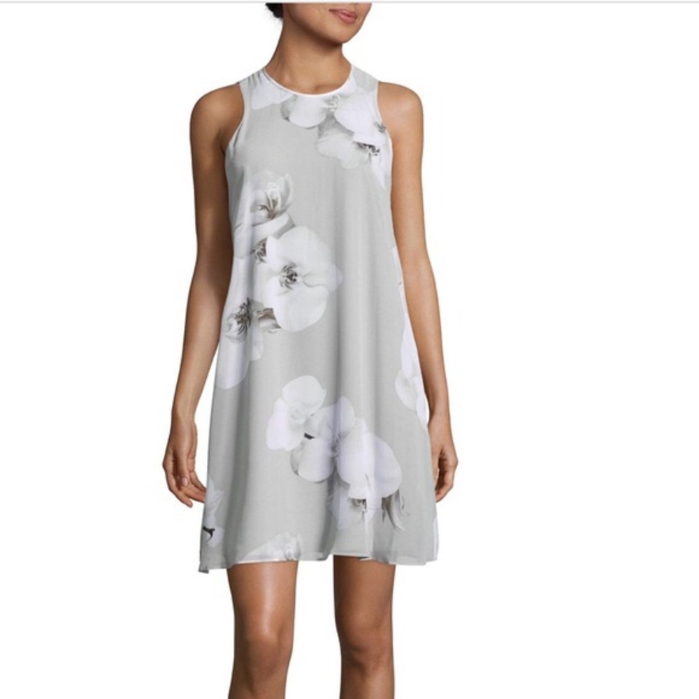 Calvin Klein gray sleeveless floral chiffon dress
